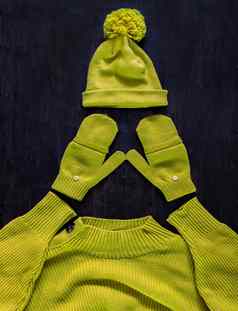 帽绒球连指手套毛衣黄绿色颜色但