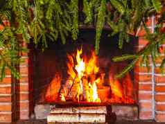 燃烧柴火壁炉装饰圣诞节好