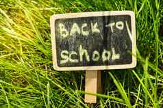 写回来学校用粉笔写黑板上绿色草背景明亮的阳光