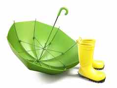 一对黄色的雨靴子绿色伞