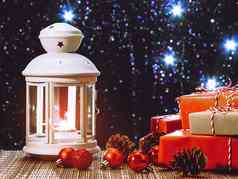 白色灯笼燃烧蜡烛盒子礼物背景圣诞节树灯美丽的圣诞节一年背景