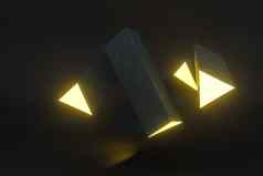 呈现黄色的发光的三角形支柱黑暗背景