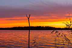 美丽的日落湖秋天晚上钓鱼图像