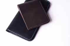 手工制作的皮革黑色的钱包棕色（的）钱包孤立的白色