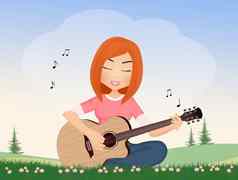 女孩戏剧吉他坐着草地