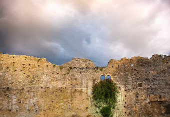 损坏的城堡墙背景废墟天空背景风暴云窗户艾薇植物花Copyspace