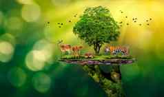 概念自然储备节约野生动物储备老虎鹿全球气候变暖食物面包生态人类手保护野生野生动物老虎鹿树手绿色背景太阳光