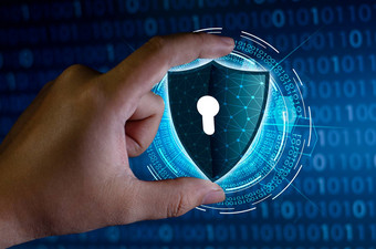 商人摇手保护信息网络空间商人持有盾保护图标保护网络安全电脑安全数据概念