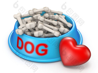 狗食物碗红色的心呈现插图白色