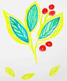 可爱的手绘水彩花阀杆叶子浆果黄色的绿色春天花植物花园植物