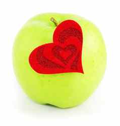 绿色苹果红色的心使布