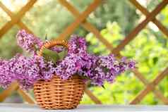 篮子花束淡紫色花白色木表格凉亭花园