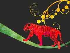 红色的水彩丛林猫豹老虎插图