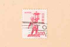 日本约邮票印刷日本显示雕像圆形的