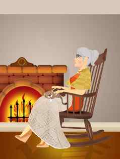 祖母坐着摇摆椅子前面火