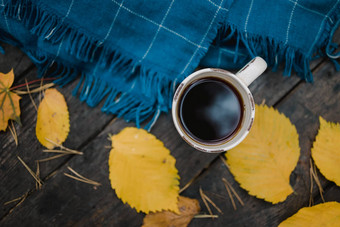 木表格秋天公园杯tea-coffee蓝色的温暖的格子围巾分散黄色的叶子松视锥细胞前视图模糊秋天温暖的黑暗情绪复制空间