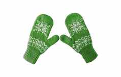一对绿色针织连指手套圣诞节模式孤立的