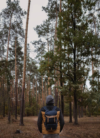 年轻的的家伙背包他旅行者赶时髦的人站森林徒步旅行森林旅程复制空间