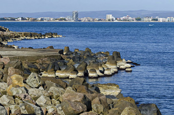 海景浮筒钓鱼海岸度假胜地黑色的海小镇纳塞巴尔阳光明媚的海滩山巴尔干半岛