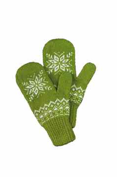 一对绿色针织连指手套圣诞节模式孤立的