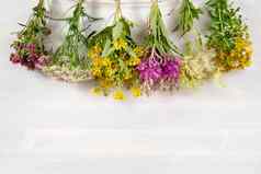 包药用草本植物干白色木墙替代医学Herbal治疗概念复制空间的地方文本背景