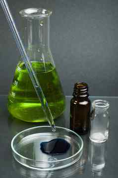 实验室烧杯填满绿色颜色液体物质