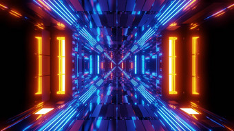 未来主义的科幻空间机库隧道走廊没完没了的发光的灯插图视觉背景壁纸