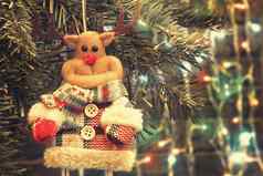 玩具鹿圣诞节树背景圣诞节灯