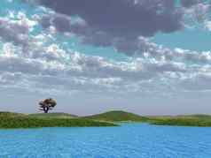 成本核算树场背景蓝色的水多云的天空