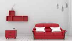室内红色的沙发灯白色墙背景renderi