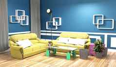 黄色的沙发蓝色的墙现代室内呈现