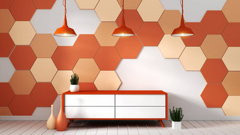 架子上现代空房间植物橙色六角瓷砖