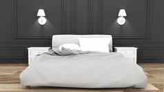 优雅床上房间黑色的墙奢侈品风格呈现
