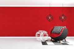 生活房间室内天鹅绒扶手椅红色的墙背景