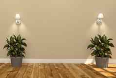 生活房间室内植物木黄色的墙背景