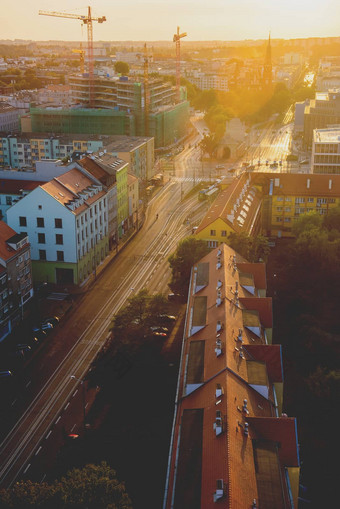 什切青城市景观美丽的日落波兰欧洲