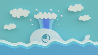 呈现插画家鲸鱼游泳水表面明亮的蓝色的一天白色云