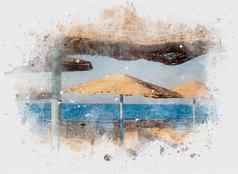 水彩插图绘画污迹油漆景观蓝色的海茅草海滩雨伞