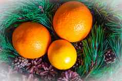 圣诞节一年水果篮子前视图橙子柠檬