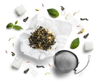 绿色茶自然芳香添加剂前视图白色背景