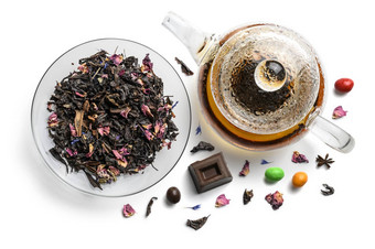 黑色的茶自然口味茶壶前视图白色背景
