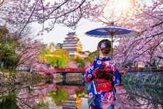 亚洲女人穿日本传统的和服樱桃花朵城堡姬路城日本
