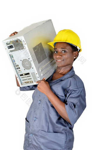 年轻的女人电脑Cpu肩膀