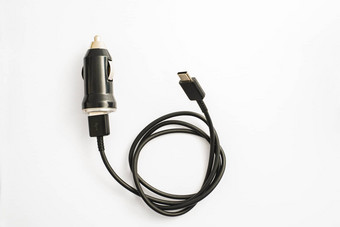 黑色的车充电器Usb输出连接电缆照片黑色的车充电器Usb输出连接电缆白色背景