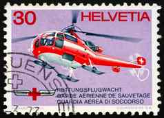 邮资邮票瑞士红色的交叉救援直升机