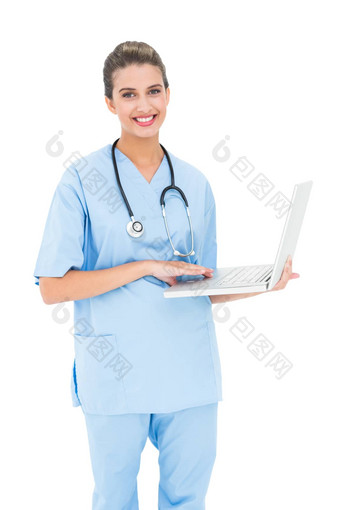 迷人的棕色（的）头发的护士蓝色的<strong>实习</strong>医生风云移动PC