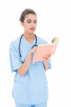 担心棕色（的）头发的护士蓝色的实习医生风云阅读书