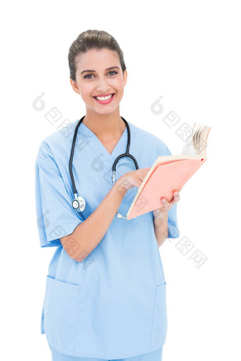 很高兴棕色（的）头发的护士蓝色的<strong>实习</strong>医生风云持有书