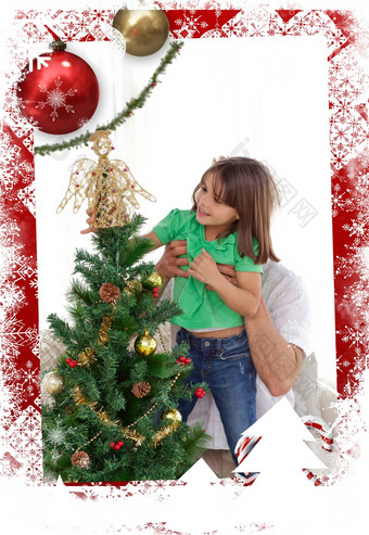 复合图像细心的父亲持有女儿<strong>装修</strong>圣诞节树