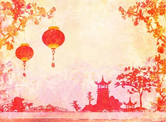 纸亚洲景观中国人灯笼古董日本风格背景光栅